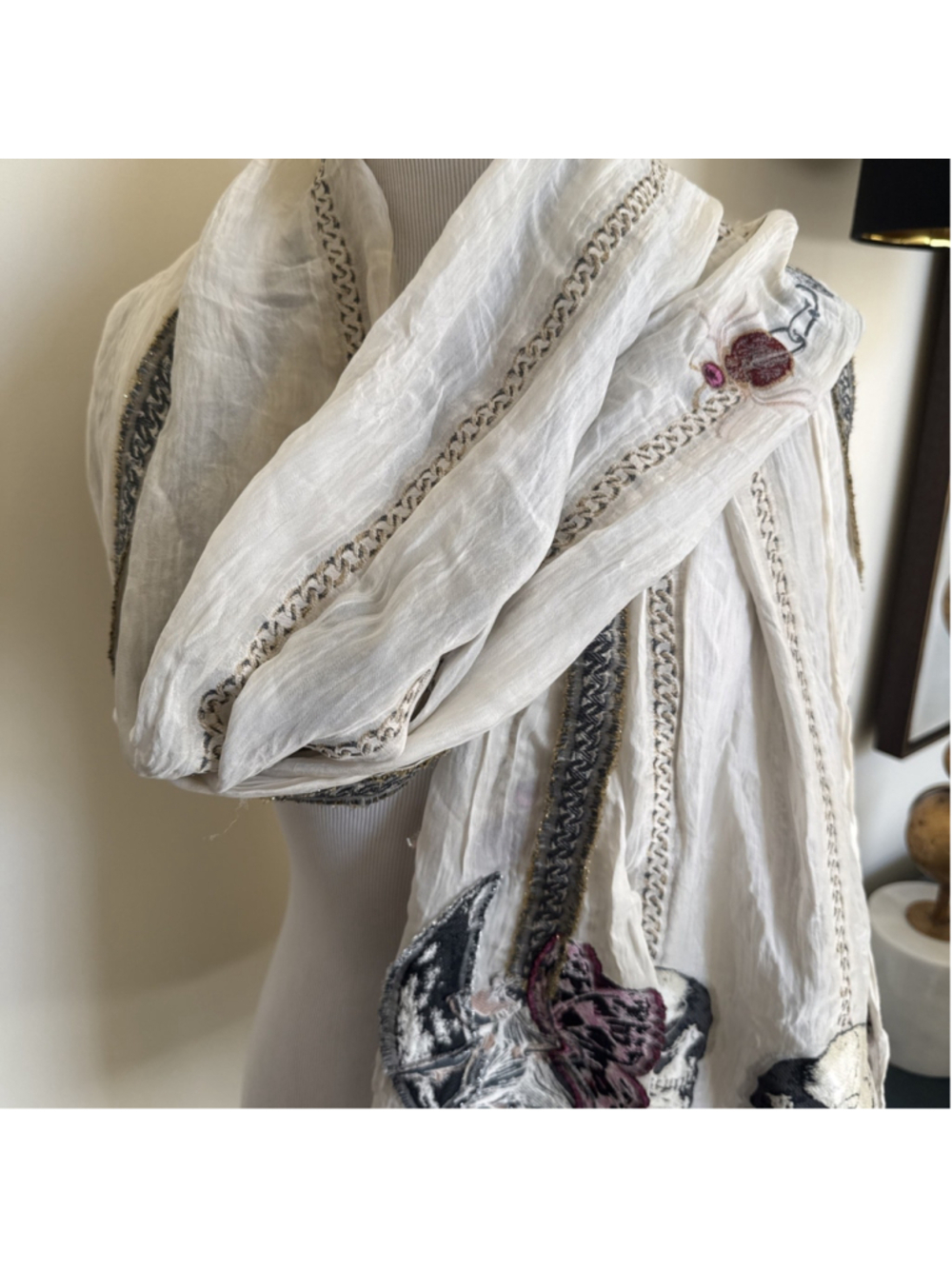 Alexander McQueen Silk Blend Scarf Wrap Fairy Chains Skeletons Butterfly Skull - Picture 11 of 11